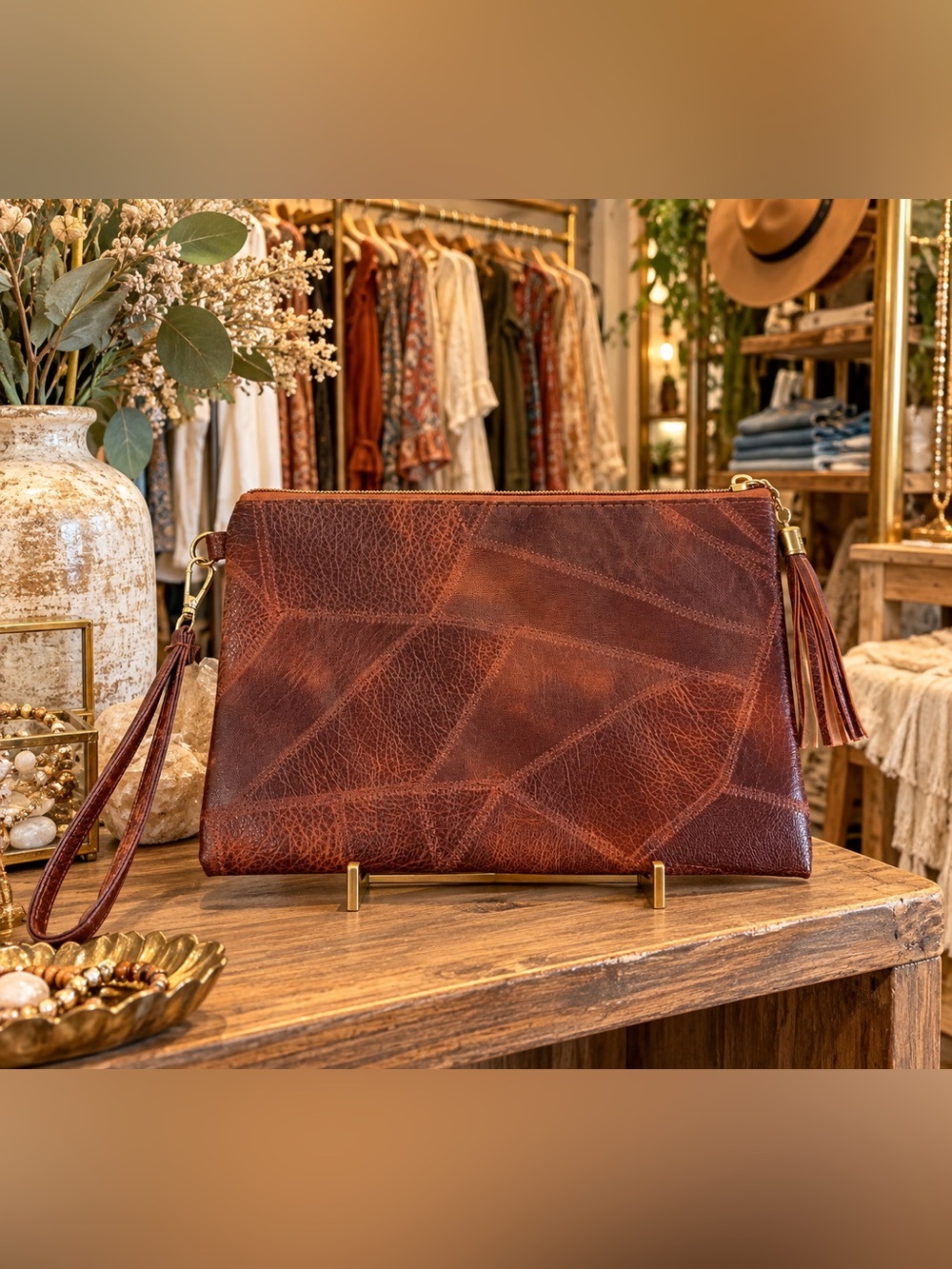 Textured Brown Faux Leather Wristlet With Tassel